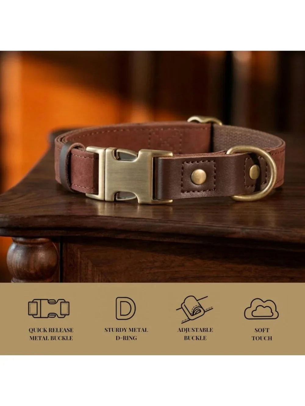 Stylish PU Leather Dog Collar for Large Dogs, Soft Nylon Lining, Brown Color